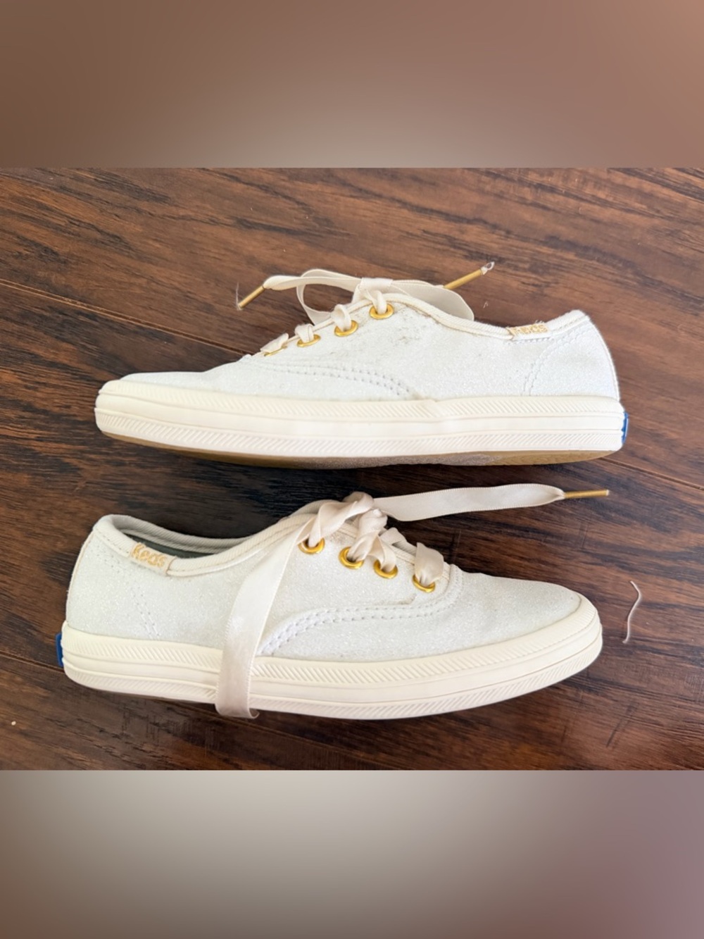 Keds x kate spade Cream Shimmer Sneakers w/ Satin Ribbon Lace with Gold Accents